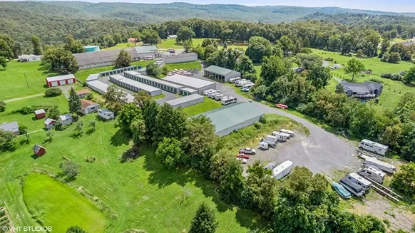 Aerial view of storage units with parking.