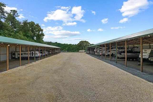 Row of covered parking space.