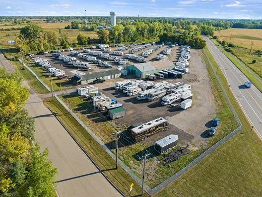 Aerial view of vehicle storage facility.