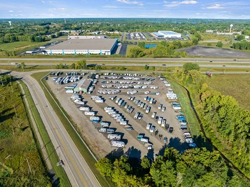 Aerial view of vehicle storage parking spaces.