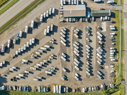 Aerial view of boat and rv storage parking spaces.