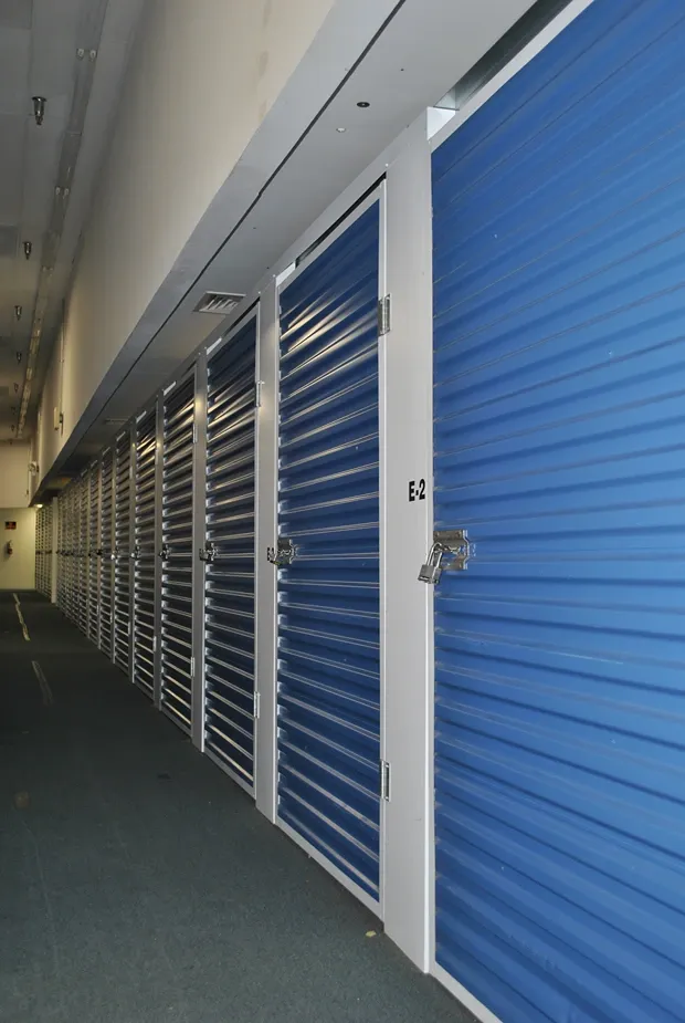 Indoor storage units with key locks.