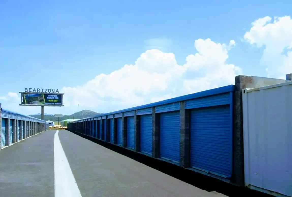 blue outdoor storage units with drive way