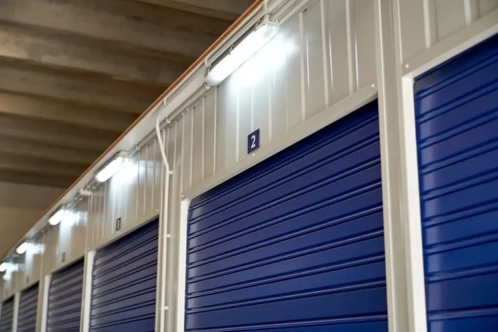 Interior blue doored storage units