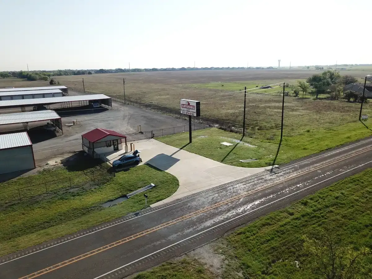 overlooking an ariel view of a storage facility and its welcome center
