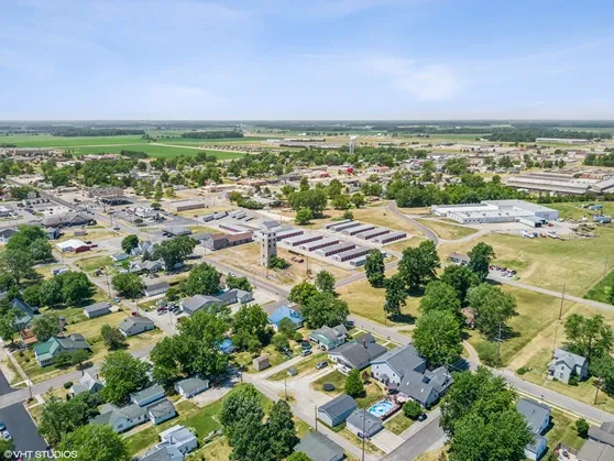Aerial view of neighborhood and storage facility.