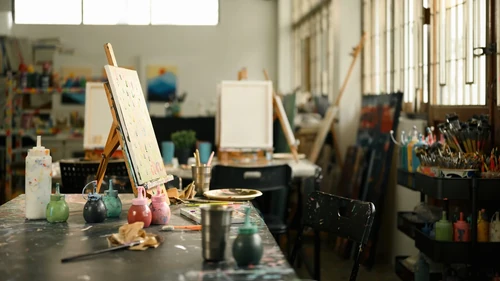 art studio with canvas' and art supplies