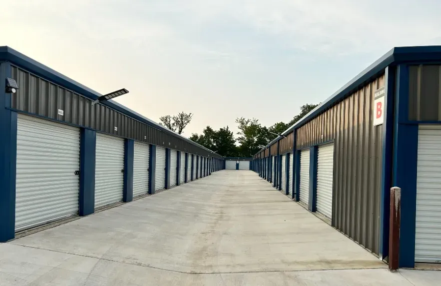 Grey storage facility exterior driveway