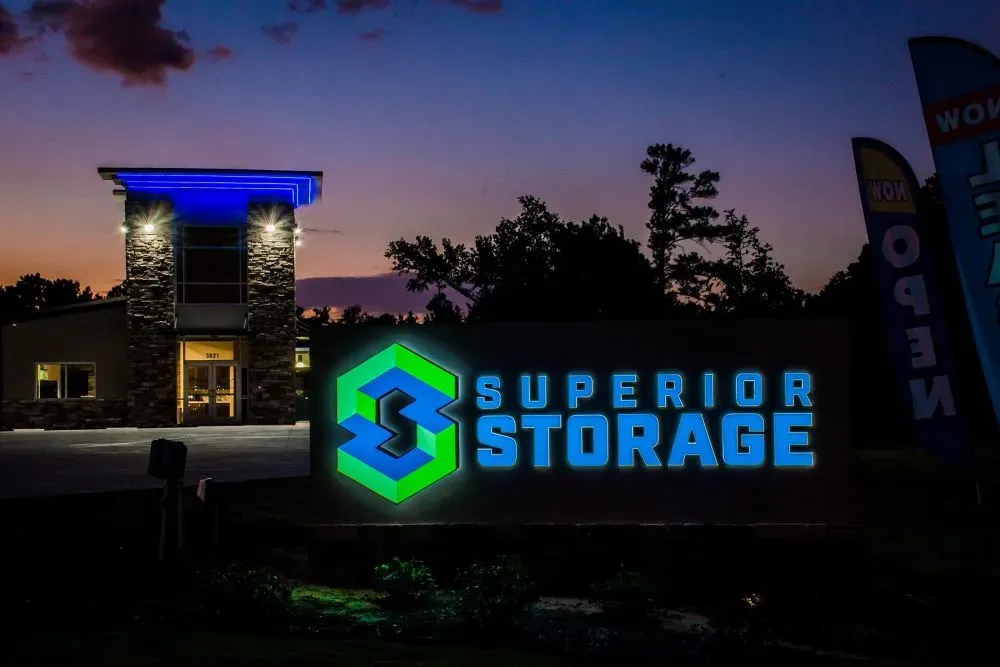 view of superior storage in longview tx after dark